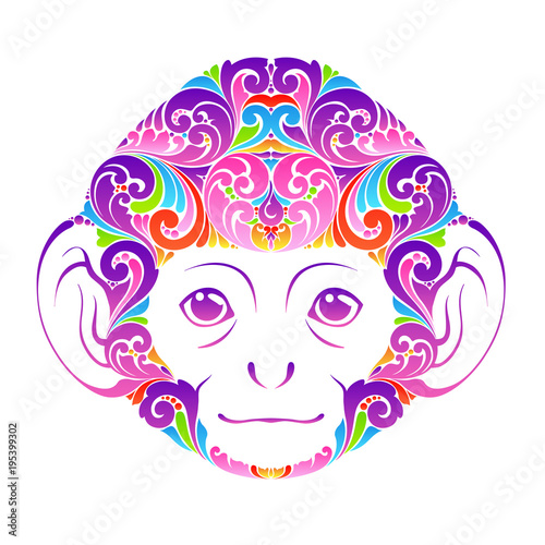 Fototapeta Naklejka Na Ścianę i Meble -  Abstract colorful ornate monkey Decorative funny animal face symbol icon design element Vector illustration for banner, poster