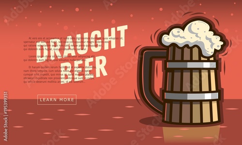 Wooden Mug Of Draft Beer With Foam.