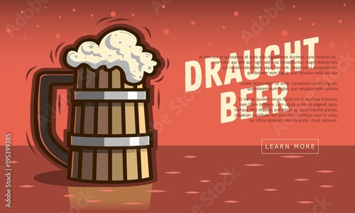 Wooden Mug Of Draft Beer With Foam.