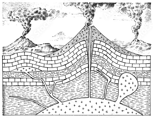 Cross section of a volcano. Engraved mountains. hand drawn geology vintage style. Crater and magma chamber, cone and lava flow, main vent and pipe.