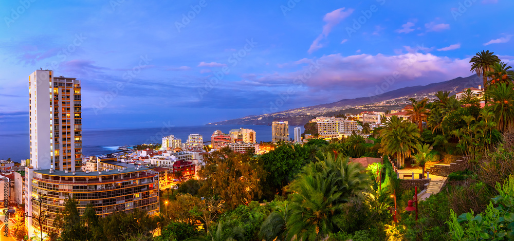 Puerto de la Cruz, Tenerife, Canary islands, Spain: Sceninc view over the city at the sunset time