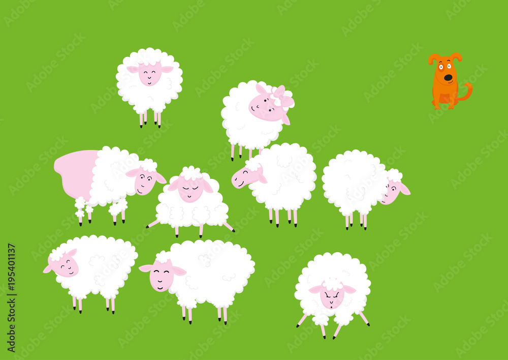 Funny cute sheep cartoon characters set. Vector Illustrations isolated on green background
