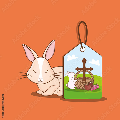 Cute bunny with tag with easter related icons over orange background, colorful design vector illustration photo