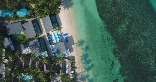 great aerial drone flight over beautiful beach and sea in thailand, koh samui