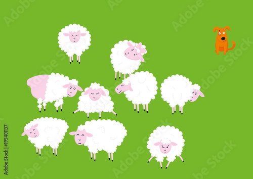 Funny cute sheep cartoon characters set. Vector Illustrations isolated on green background