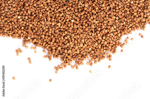 buckwheat grain isolated on white background close up with copy space for your text. Top view