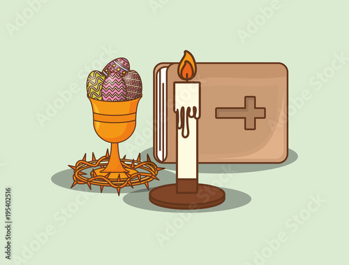 Holy grail with easter eggs and happy easter related icons over green background, colorful design vector illustration