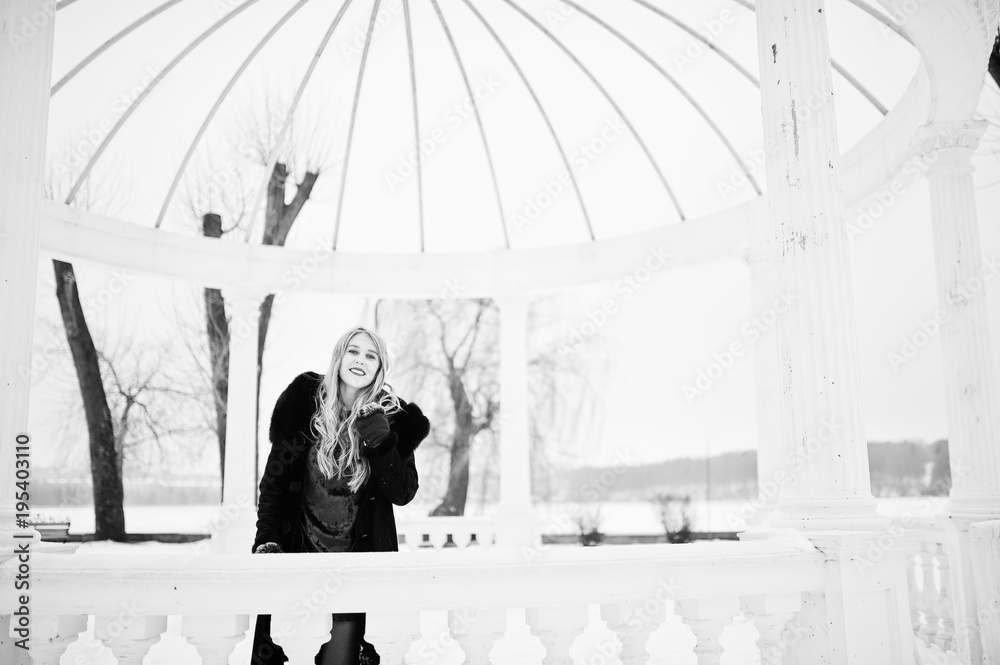 Elegance blonde girl in fur coat and red evening dress posed at winter snowy day. Elegance blonde girl in fur coat and red evening dress posed at winter snowy day.