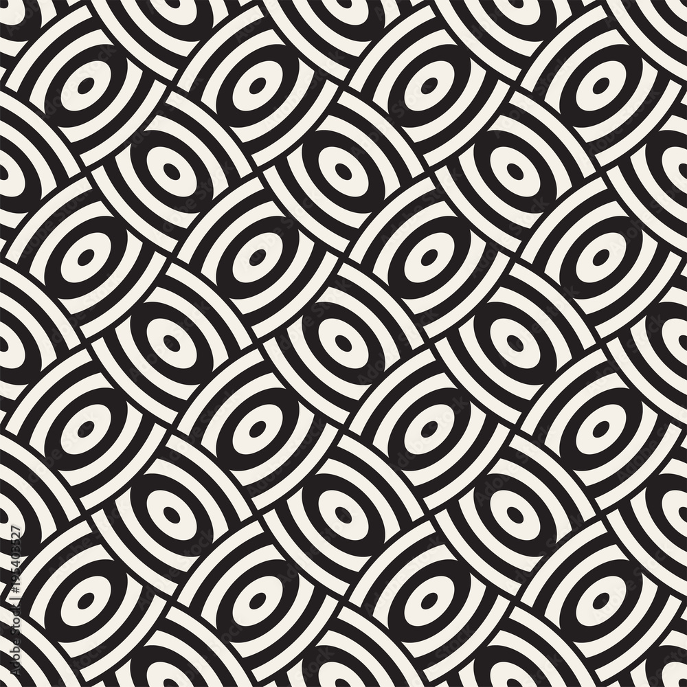 Vector geometric seamless pattern with curved shapes grid. Abstract monochrome rounded lattice texture. Modern repeating background design