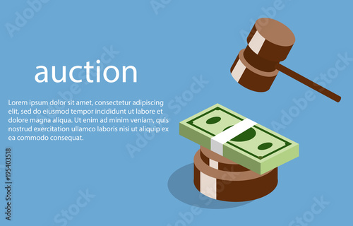 Isometric vector illustration auction and bidding concept. Sale of the lot at auction