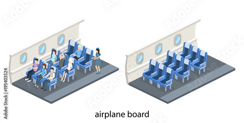 Isometric 3D vector illustration board of the aircraft from the inside with passengers and stewardess