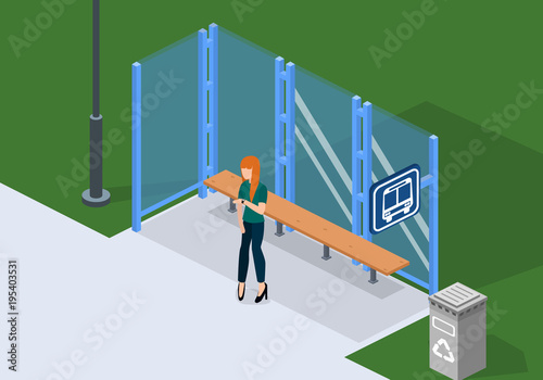 Isometric flat 3D concept vector illustration people are waiting for the bus at the bus stop on the street