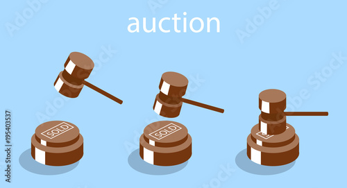 Isometric vector illustration auction and bidding concept. Sale of the lot at auction. Big auction hammer.