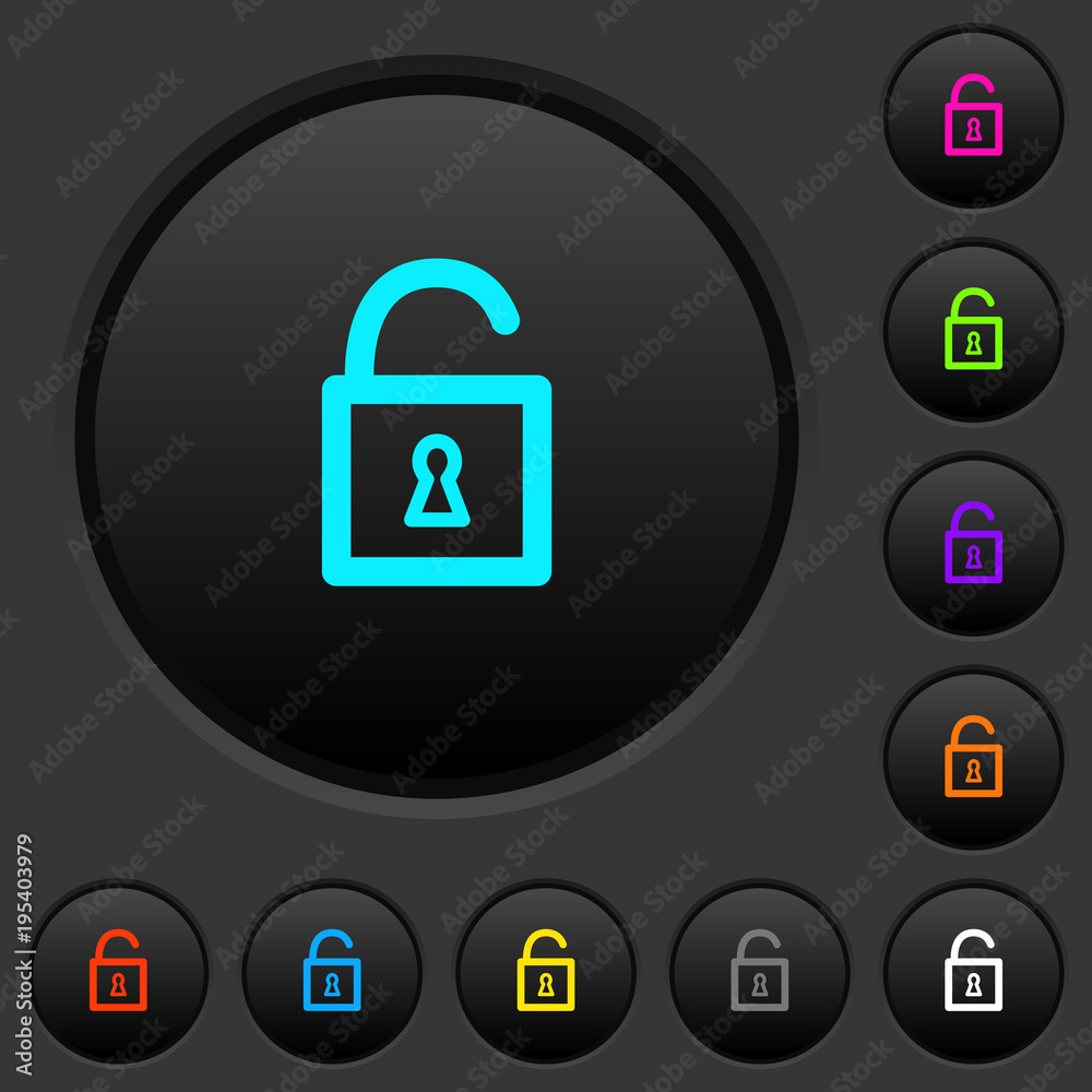 Unlocked padlock with keyhole dark push buttons with color icons Unlocked padlock with keyhole dark push buttons with color icons