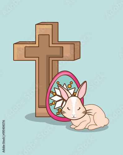 Cute bunny with christian cross and easter egg over blue background, colorful design vector illustration