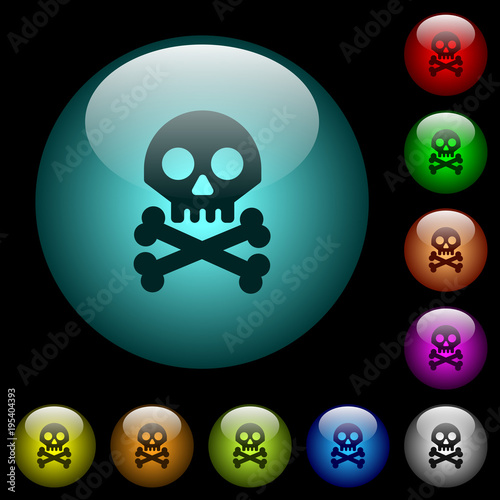 Skull with bones icons in color illuminated glass buttons