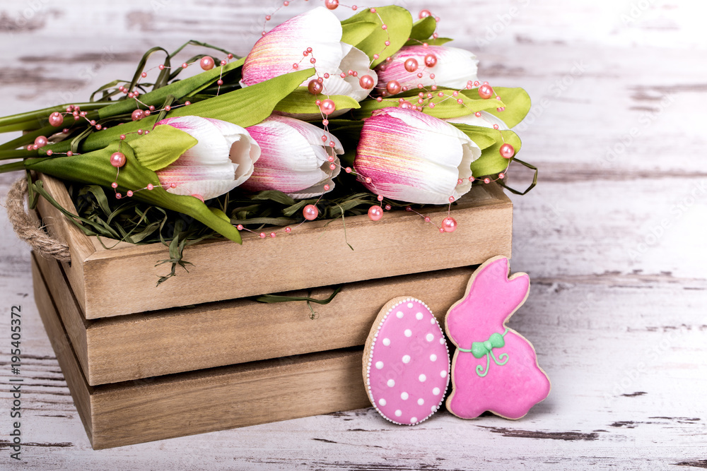 Easter cookies, crate and tulips Easter cookies, crate and tulips