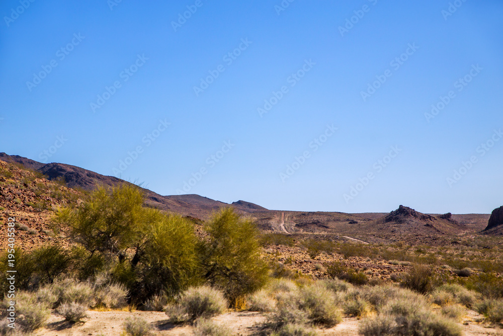 A marrow trail in the distance cutting through the Mojave desert in a march afternoon A marrow trail in the distance cutting through the Mojave desert in a march afternoon