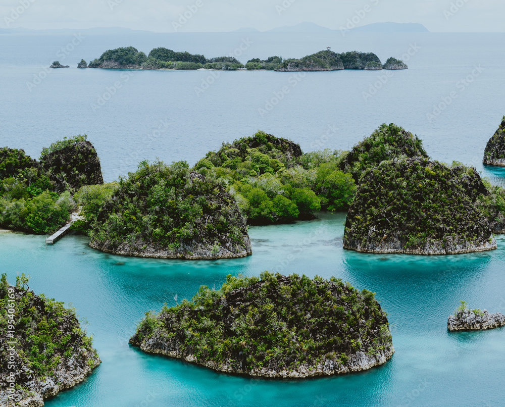 Naklejka premium Painemo, Group of small island in shallow blue lagoon water, Raja Ampat, West Papua, Indonesia