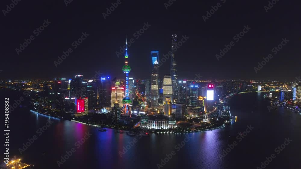 SHANGHAI, CHINA - MAY 5, 2017 Aerial drone video, night time illuminated famous pudong cityscape SHANGHAI, CHINA - MAY 5, 2017 Aerial drone video, night time illuminated famous pudong cityscape