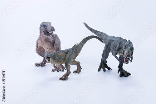 Two t rex Tyrannosaurus versus Allosaurus with white background panoramic © LuXpics