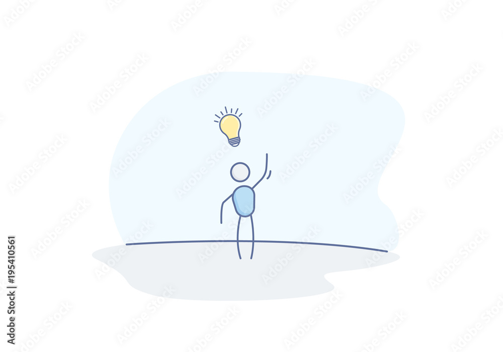 Doodle character having a creative solution for a problem with a idea light bulb floating above his head. Vector illustration Doodle character having a creative solution for a problem with a idea light bulb floating above his head. Vector illustration