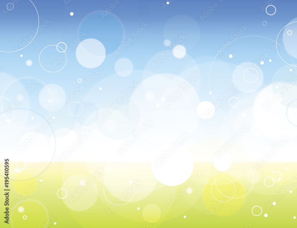 Open sky and field or meadow background with white blurred bokeh circles. Blurry bright blue sky and grass outside in nature. Open sky and field or meadow background with white blurred bokeh circles. Blurry bright blue sky and grass outside in nature.