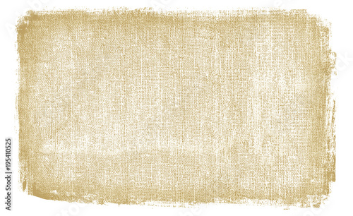 Burlap rough fabric background with dirty brown texture. Blank space with white frame rough textured edges.