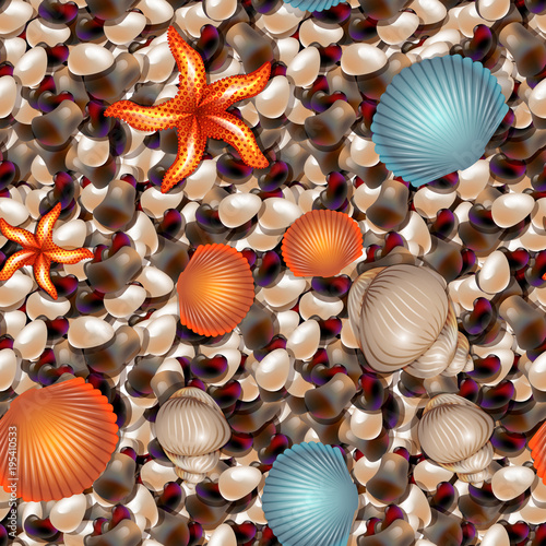 Sea pebble with shells and sea star of different shapes. Seamless pattern