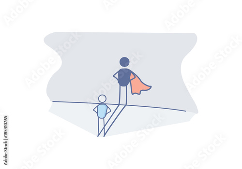 Character with a super hero shadow representing success in life, preserverance, courage, promotion at work, ambition. Vector doodle illustration with stick figure character