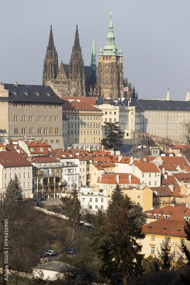 Sunny frosty winter Prague City with gothic Castle, Czech Republic