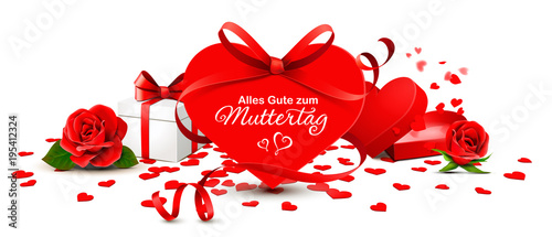 Grußkarte Muttertag - Herz Karte mit roter Schleife, Geschenkbox und Rosen