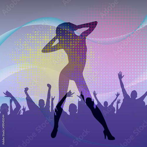 The dancing girl silhouette in nightclub with dancing crowd. Vector illustration.