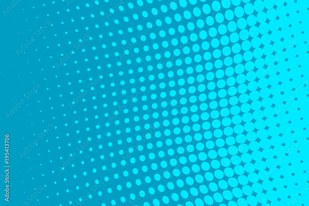 Bright blue halftone background. Digital gradient. Wavy dotted pattern with circles, dots, point large scale. Vector illustration