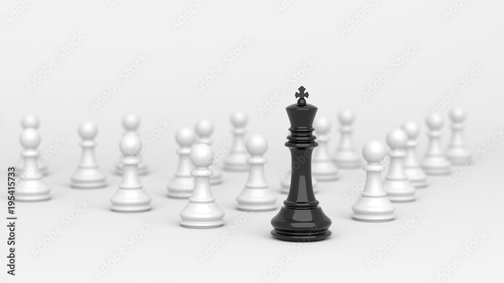 Leadership concept, black king of chess, standing out from the crowd of white pawns, on white background. 3D rendering.