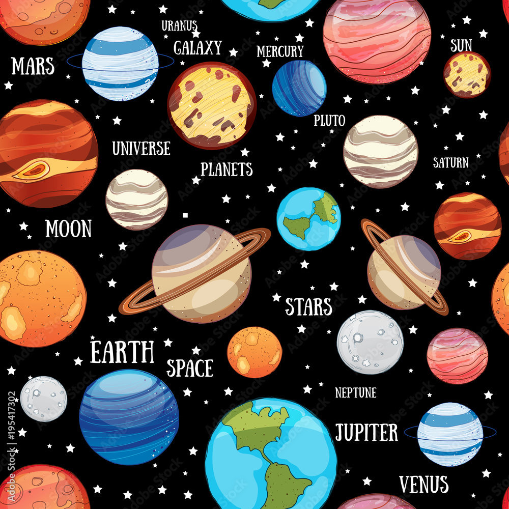 Cute childish solar system planets drawing on seamless pattern background,  vector illustration Векторный объект Stock | Adobe Stock