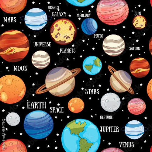 Cute childish solar system planets drawing on seamless pattern background, vector illustration