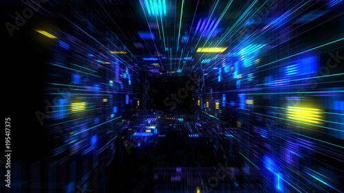 Futuristic HUD tunnel. Display screens for tech titles and background, news headline business intro. Motion graphic for abstract data center, server, internet, speed. 3D render