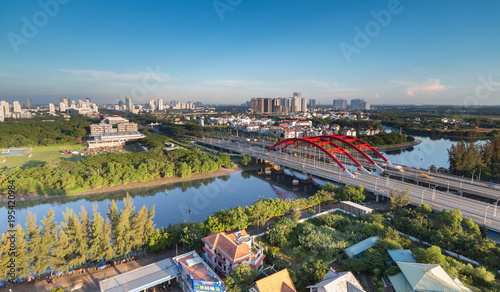 HO CHI MINH, VIETNAM - NOV 20, 2017: Royalty high quality stock image aerial view of Ho Chi Minh city, Vietnam. Beauty skyscrapers along river light smooth down urban development in Ho Chi Minh City