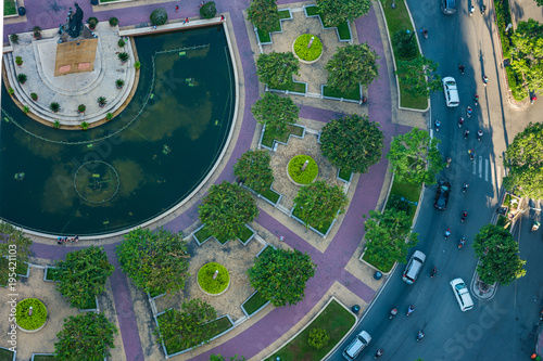 HO CHI MINH, VIETNAM - NOV 20, 2017: Royalty high quality stock image aerial view of Ho Chi Minh city, Vietnam. Beauty skyscrapers along river light smooth down urban development in Ho Chi Minh City