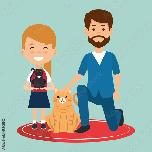 girl with cat and veterinary doctor characters