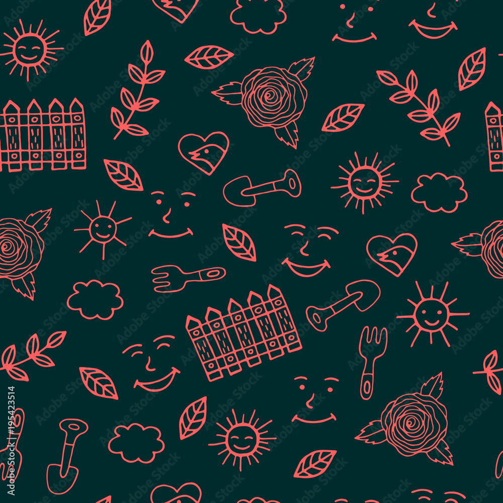 Sunny day for gardening seamless pattern with trovel and other elements. Vector illustration
