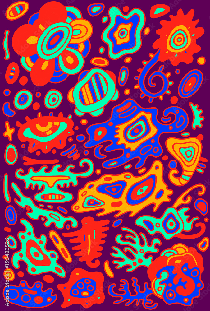 Doodle psychedelic colorful background with abstract surreal ornaments. Vector illustration