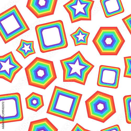 Seamless pattern with geometric rainbow figures - star, square and other. Artistic psychedelic background. Vector illustration