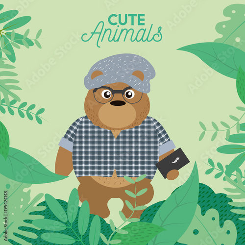 Cute hipster bear cartoon