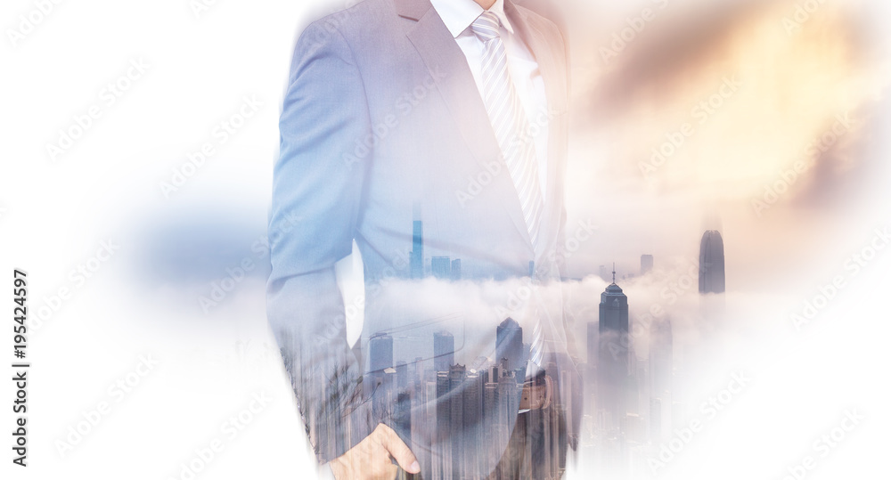 Double exposure of businessman and Hong Kong city view Double exposure of businessman and Hong Kong city view