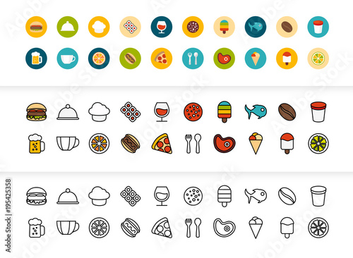 Black and color outline icons, thin stroke line style design