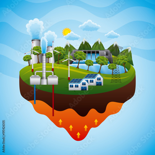 geothermal plant electricity pylon hydrolelectric dam solar panel - renewable energy vector illustration