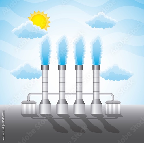 geothermal station chimneys clouds sun - renewable energy vector illustration