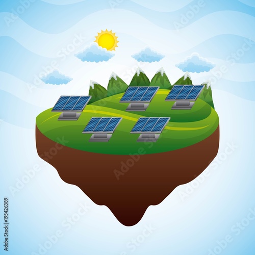 landscape mountains panels solar source electricity - renewable energy vector illustration